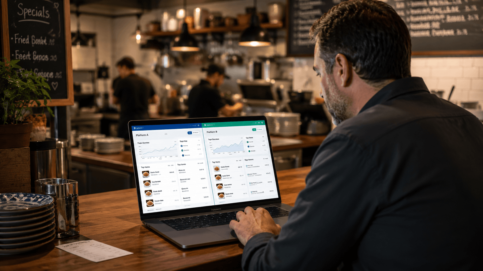 Restaurant owner comparing online ordering platforms on a laptop with a digital menu and ordering dashboard on screen