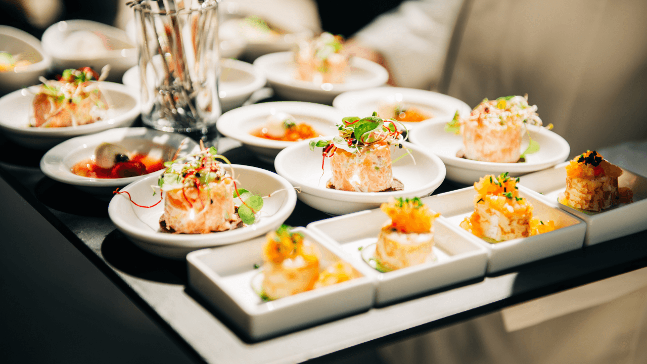 A catering set with sushi rolls.